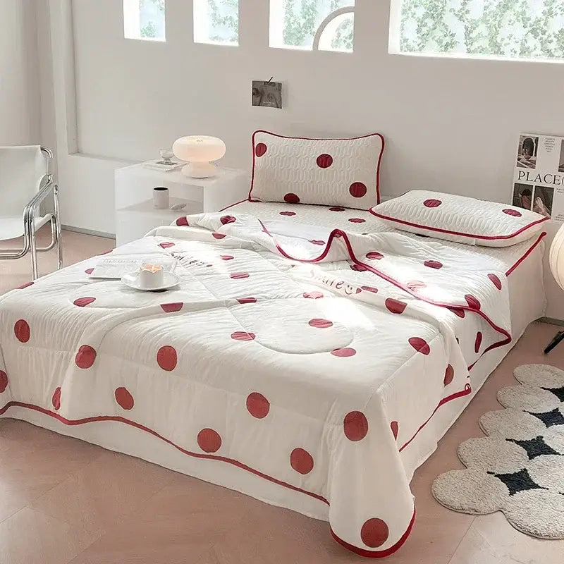 White quilt with red polka dots and matching pillow set from decorbites cool summer blanket set for bedroom decor