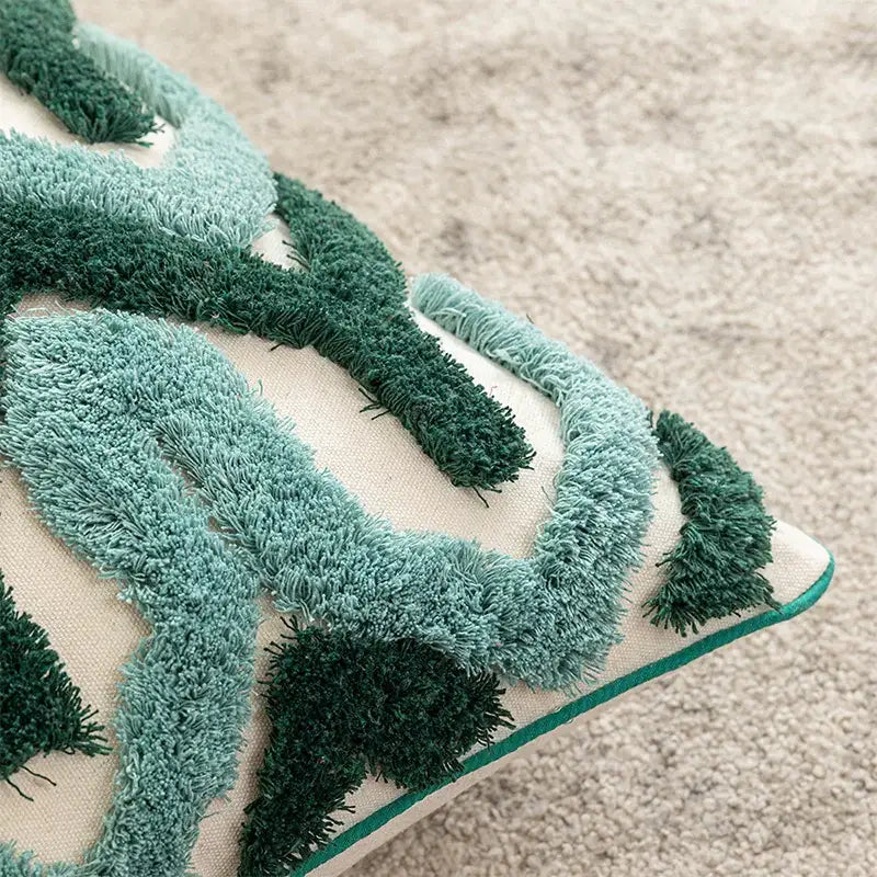 Textured decorbites boho tufted pillow covers with cream base and bold layered green fringe for living room decor