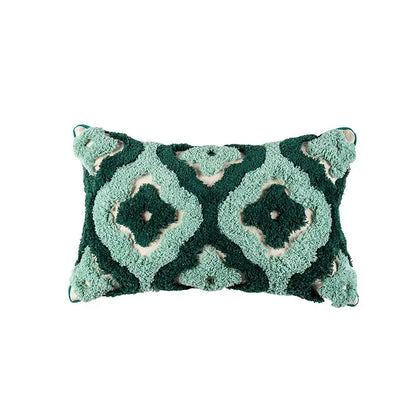 Teal and dark green cushion case with plush decorbites geometric embroidery tassel pattern for living room decor