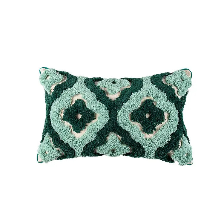 Teal and dark green cushion case with plush decorbites geometric embroidery tassel pattern for living room decor