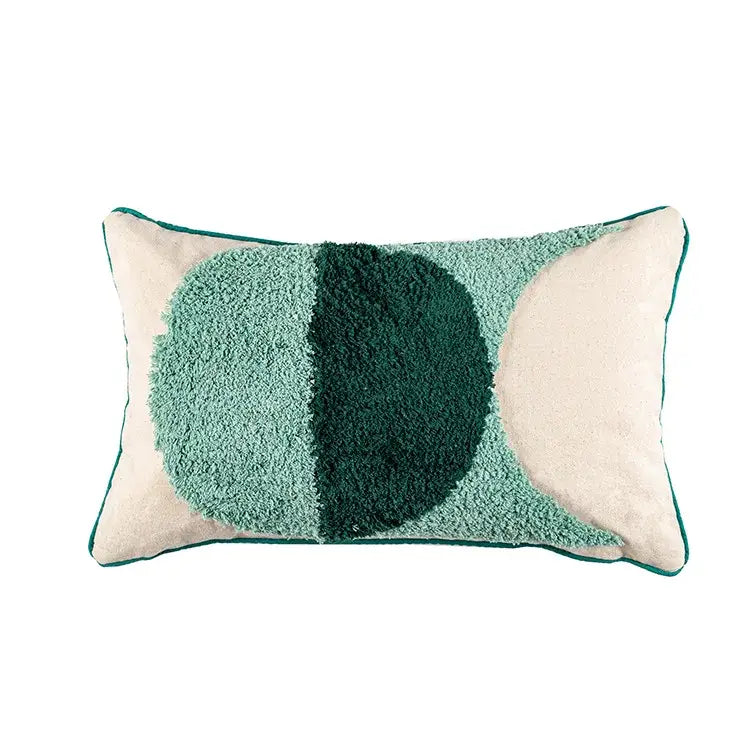 Rectangular cushion case with teal and dark green geometric embroidery tassel design in plush textured fabric