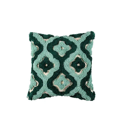 A plush teal and dark green cushion case with decorbites geometric embroidery tassel pattern for living room decor