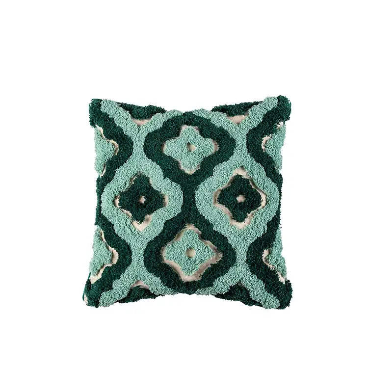 A plush teal and dark green cushion case with decorbites geometric embroidery tassel pattern for living room decor