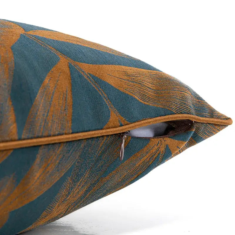 Teal and gold banana tree leaves jacquard cushion cover with zipper closure for living room decor