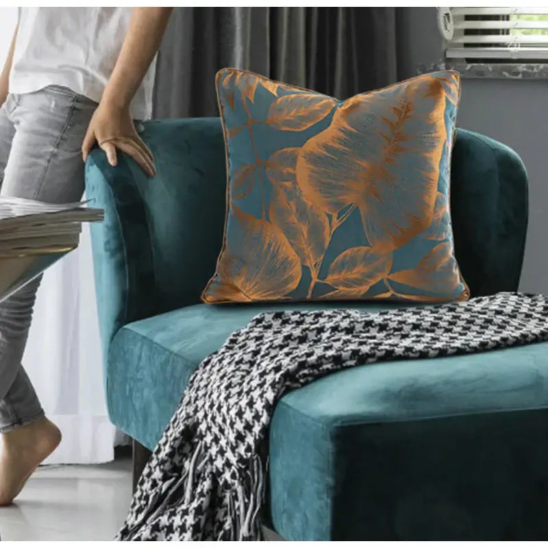 Teal velvet cushion cover with gold banana tree leaves jacquard pattern for living room decor