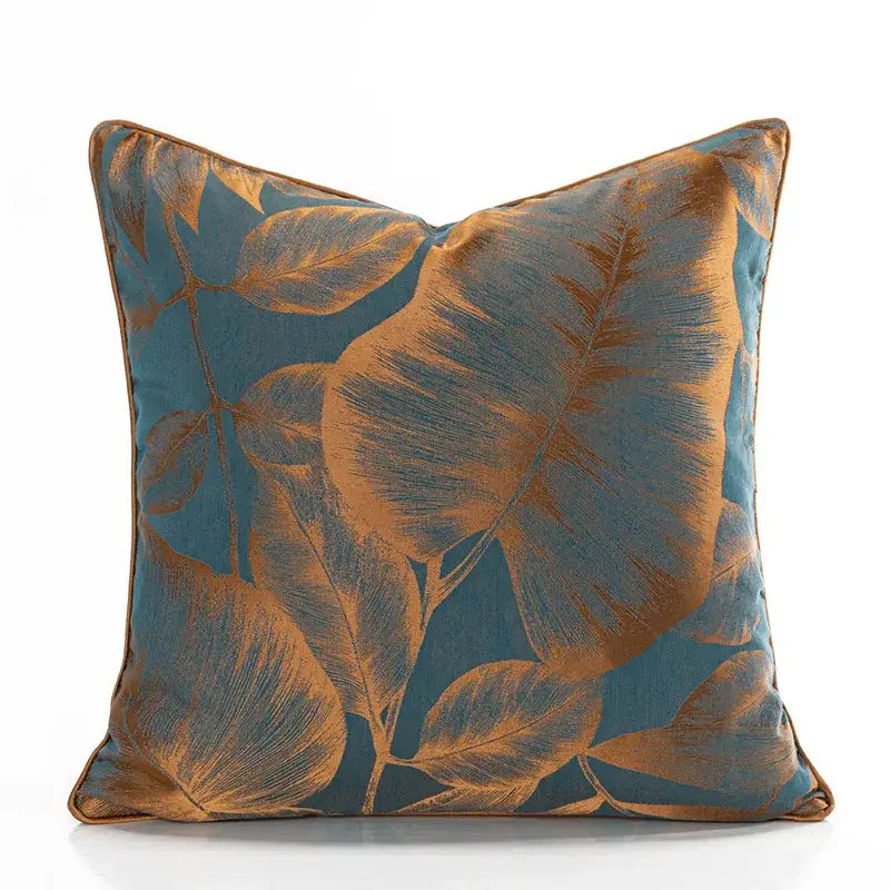 Teal and gold banana tree leaves jacquard cushion cover with metallic leaf pattern for living room decor
