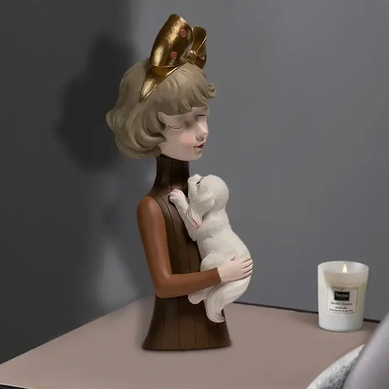 A glossy resin bowknot cat girl figurine with blonde hair and gold bow holding a white puppy for living room decor