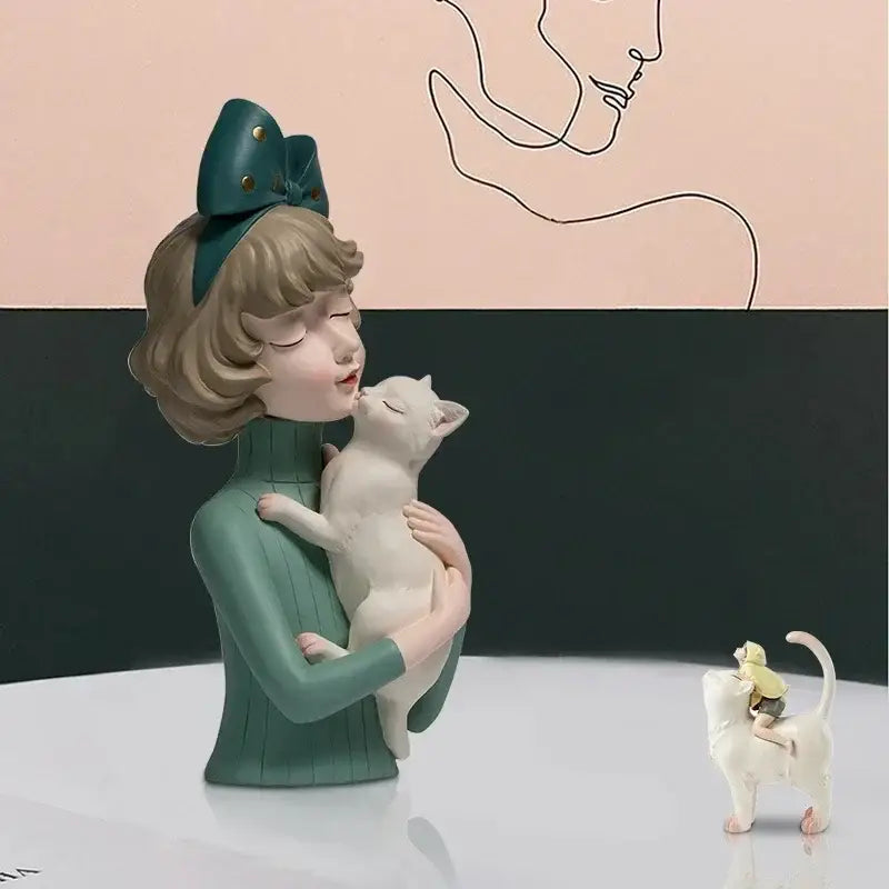 Porcelain cat girl figurine in teal dress with gold bowknot holding a white cat for living room decorbites bowknot cat