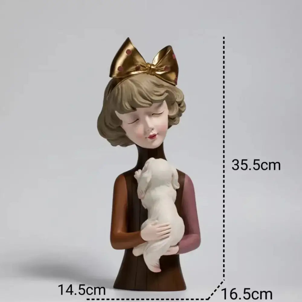 A charming resin bowknot cat girl figurine with teal and gold polka-dot bow holding a white puppy for living room decorbites decor