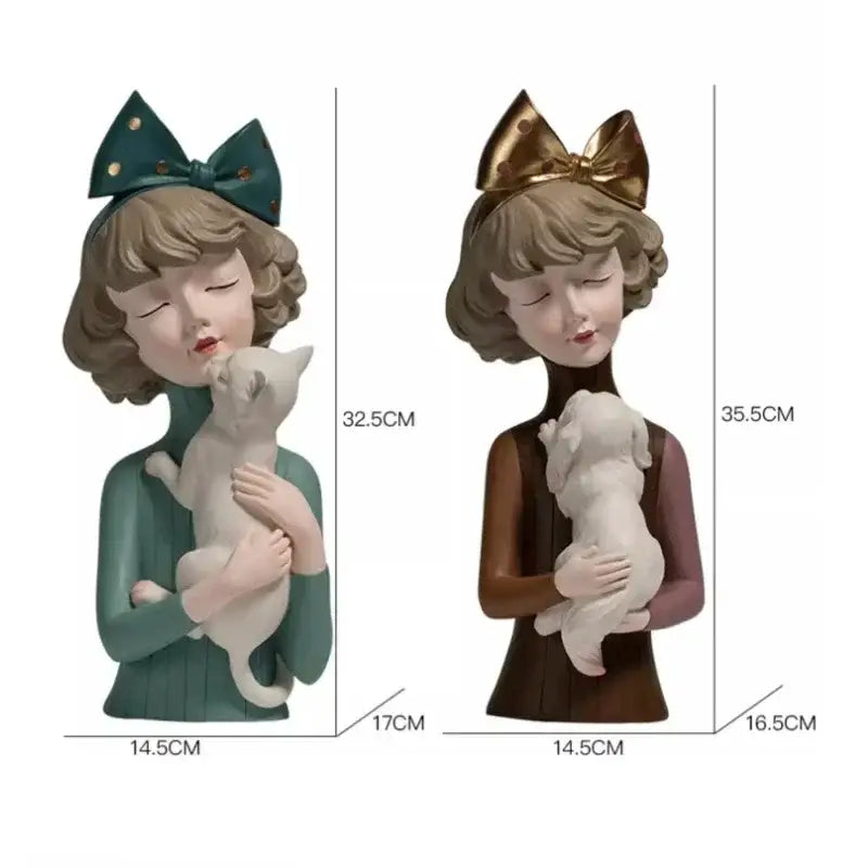 Teal and gold resin bowknot cat girl figurines featuring women with cats and dogs for living room decorbites decor