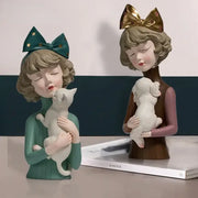 Two stylized resin cat girl figurines with teal and gold bowknot decor for living room decorbites bowknot cat collection