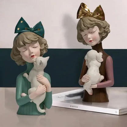 Two stylized resin cat girl figurines with teal and gold bowknot decor for living room decorbites bowknot cat collection