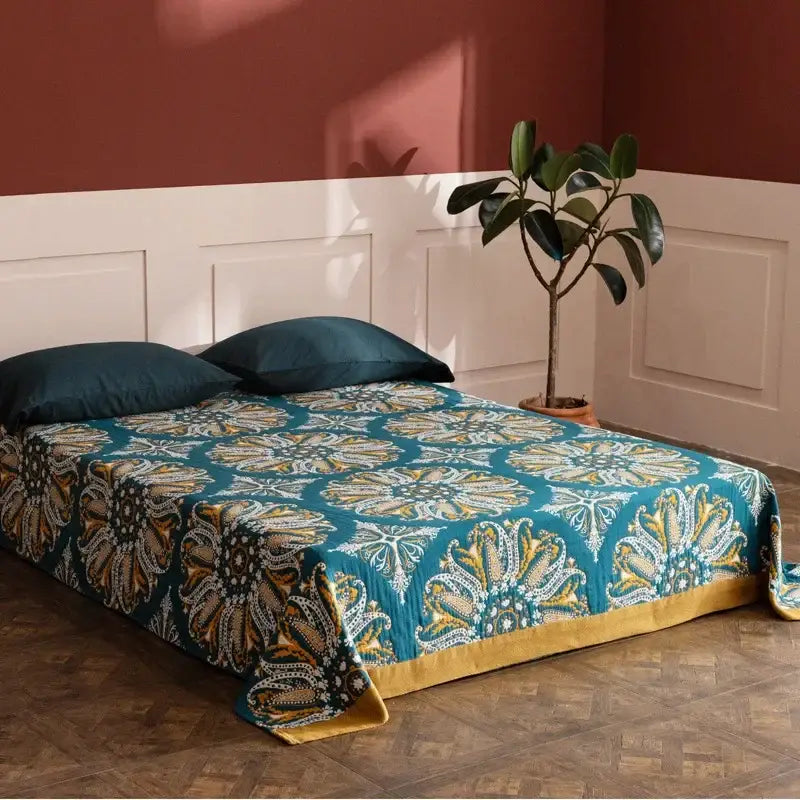 Teal and gold floral bohemia cotton blanket with solid yellow border by decorbites bohemia cotton for bedroom decor