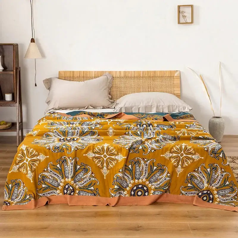 Vibrant mustard-yellow decorbites bohemia cotton blanket with paisley floral patterns in cream navy and olive green