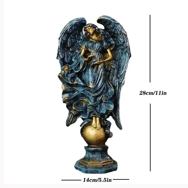 A detailed teal and gold prayer angel goddess statue with outstretched wings featuring a blue and gold patina finish