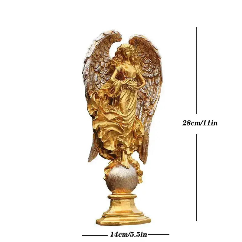 Golden angel statue with detailed wings and flowing robes standing on polished metallic sphere base for greek mythology prayer angel goddess decor