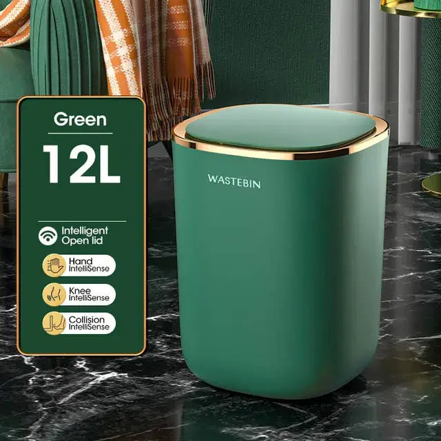 Teal-green cylindrical smart sensor luxury trash can with gold-trimmed lid and wastebin branding for kitchen use