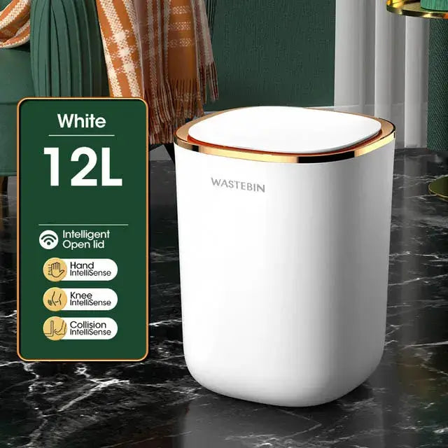White wastein 12l smart sensor luxury trash bin with gold-trimmed lid and touch-sensitive open mechanism
