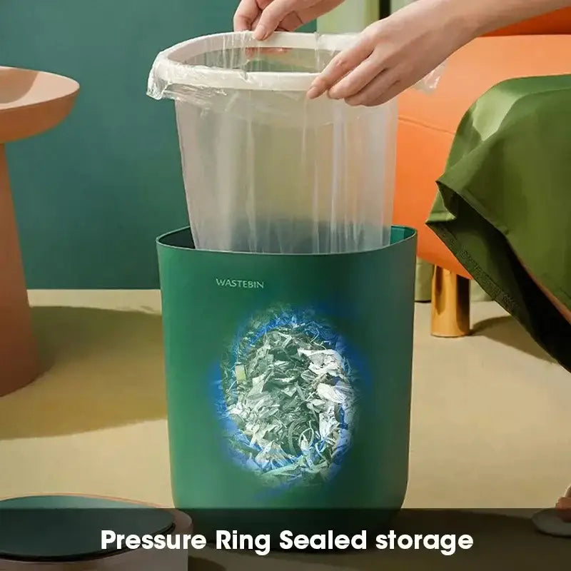 Green cylindrical waste bin with glowing blue sensor design labeled waste bin in teal and gold smart sensor luxury trash can