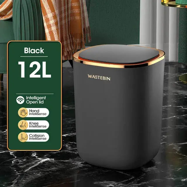 A sleek black and gold smart sensor luxury trash can with 12l dual compartment and intelligent automatic opening