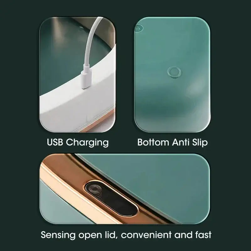 Teal and gold smart sensor luxury trash can with dual compartment and built-in usb charging port for kitchen use