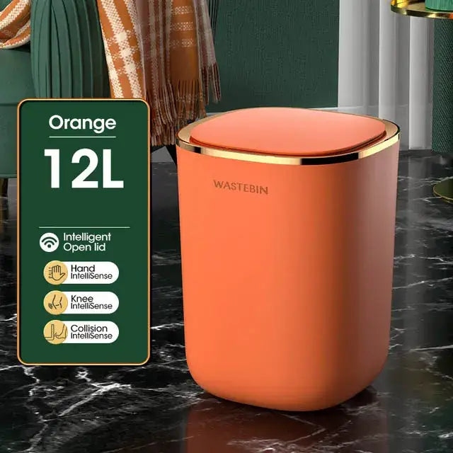 Orange 12l smart sensor luxury trash bin with gold trim and intelligent open lid for hands knee or collision sensing