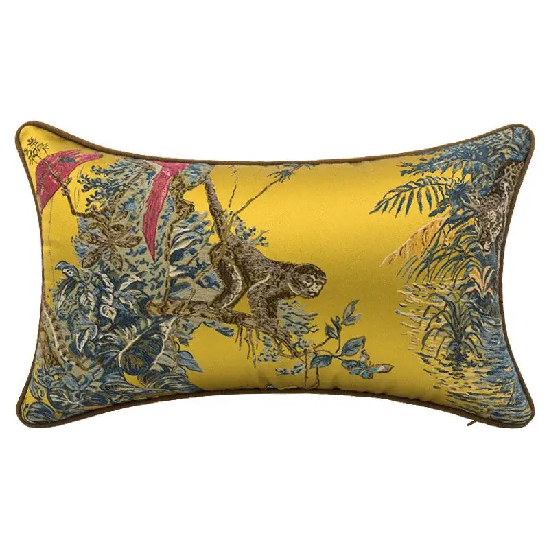 Vibrant yellow satin jacquard sofa pillowcase set with detailed jungle scene for decorbites jacquard sofa decor