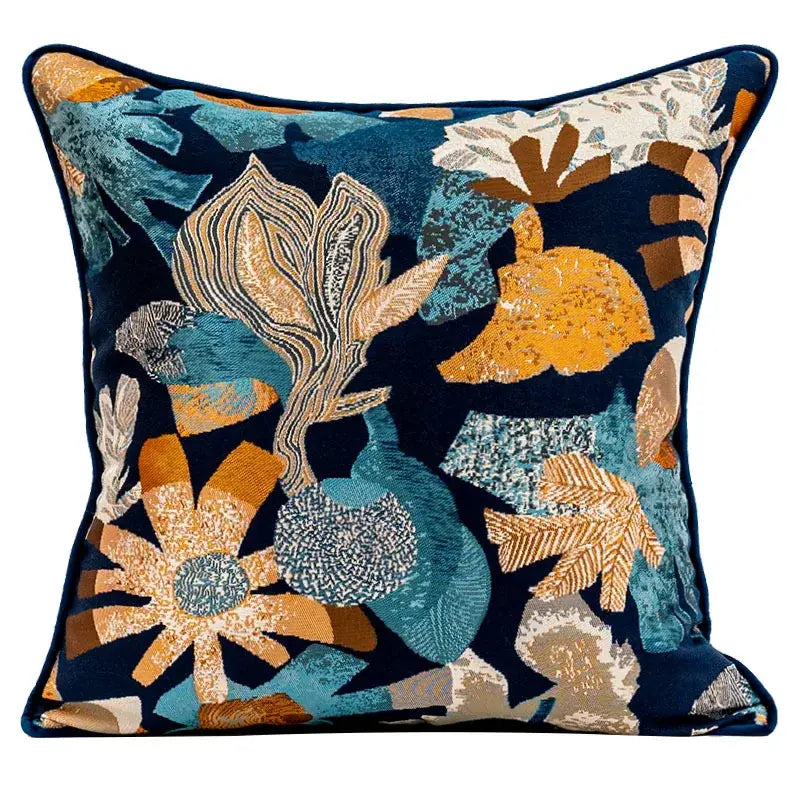 A decorbites jacquard sofa pillowcase set featuring a navy blue square pillow with teal and gold embroidered floral design
