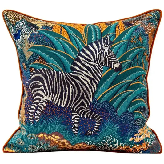 Teal and gold jacquard sofa pillowcase set featuring a vibrant embroidered zebra and tropical foliage by decorbites