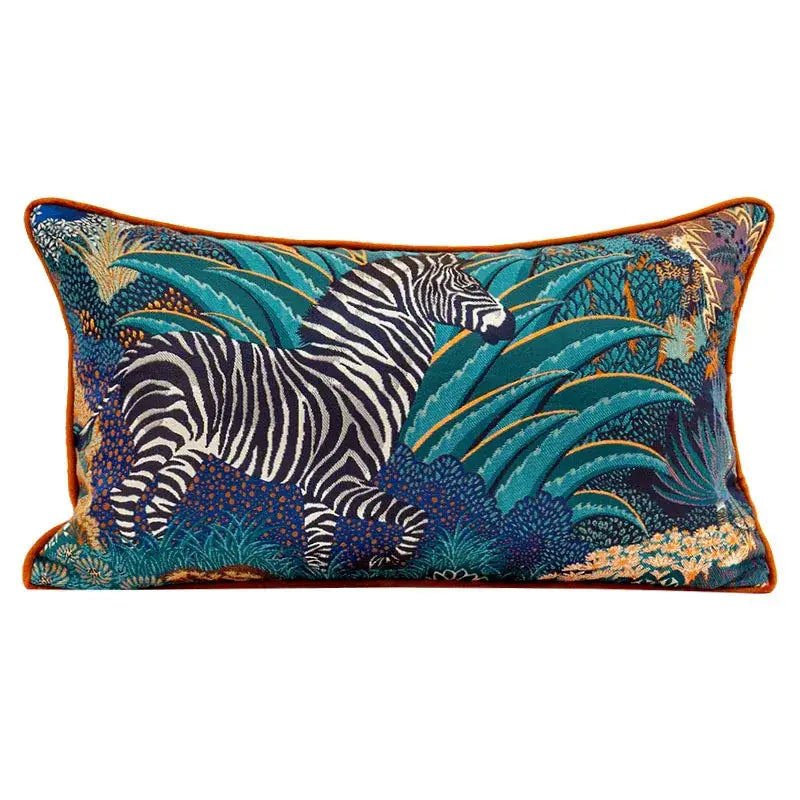 Rectangular jacquard sofa pillowcase set featuring an embroidered zebra with teal navy and gold tones by decorbites