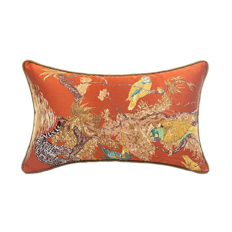 Vibrant orange jacquard sofa pillowcase set featuring embroidered birds and leopard in gold foliage for living room decorbites jacquard sofa
