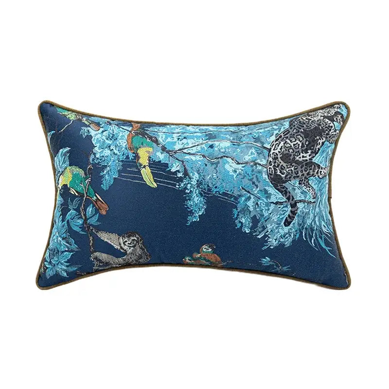 Deep blue jacquard sofa pillowcase set featuring vibrant embroidered jungle animals for decorbites jacquard sofa decor