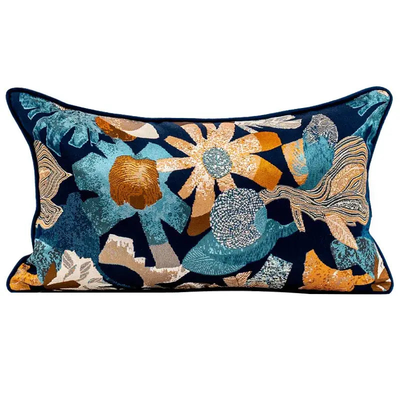 Rectangular jacquard sofa pillowcase set with navy velvet base and teal gold floral embroidery for living room decorbites