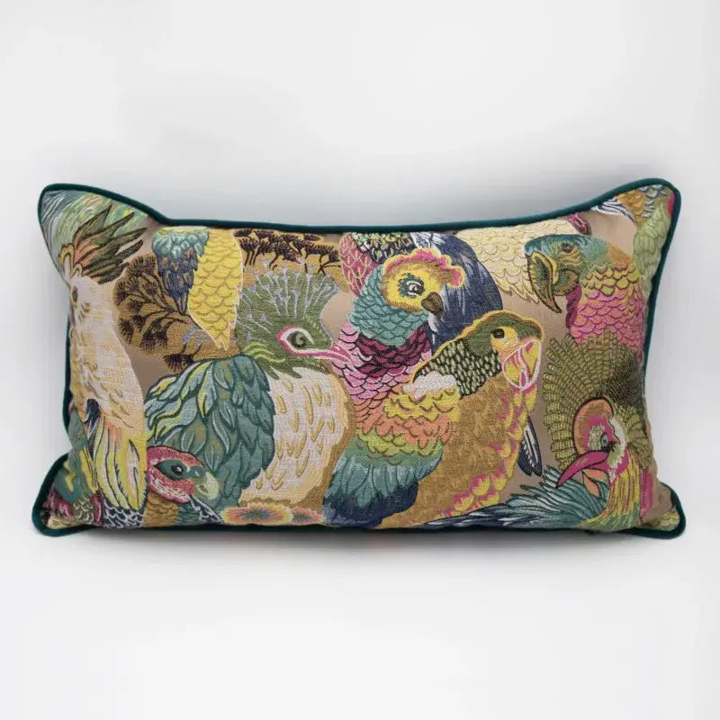Rectangular jacquard sofa pillowcase set with vibrant embroidered tropical birds on beige with dark green piping decorbites jacquard sofa