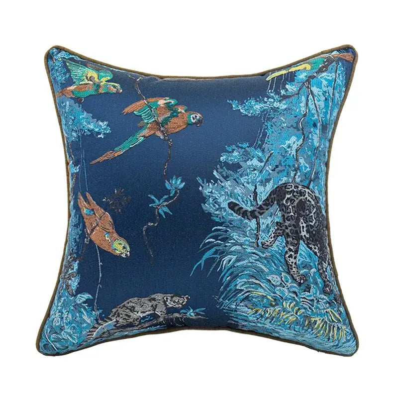 Deep blue decorbites jacquard sofa pillowcase set featuring vibrant parrots and leopard in lush jungle foliage