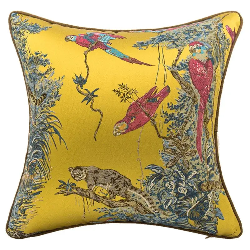 Vibrant yellow jacquard sofa pillowcase set with colorful parrots and jungle animals for decorbites jacquard sofa