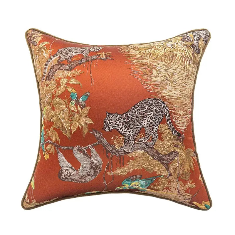Square rust-orange jacquard sofa pillowcase set with intricate jungle animal embroidery for decorbites jacquard sofa