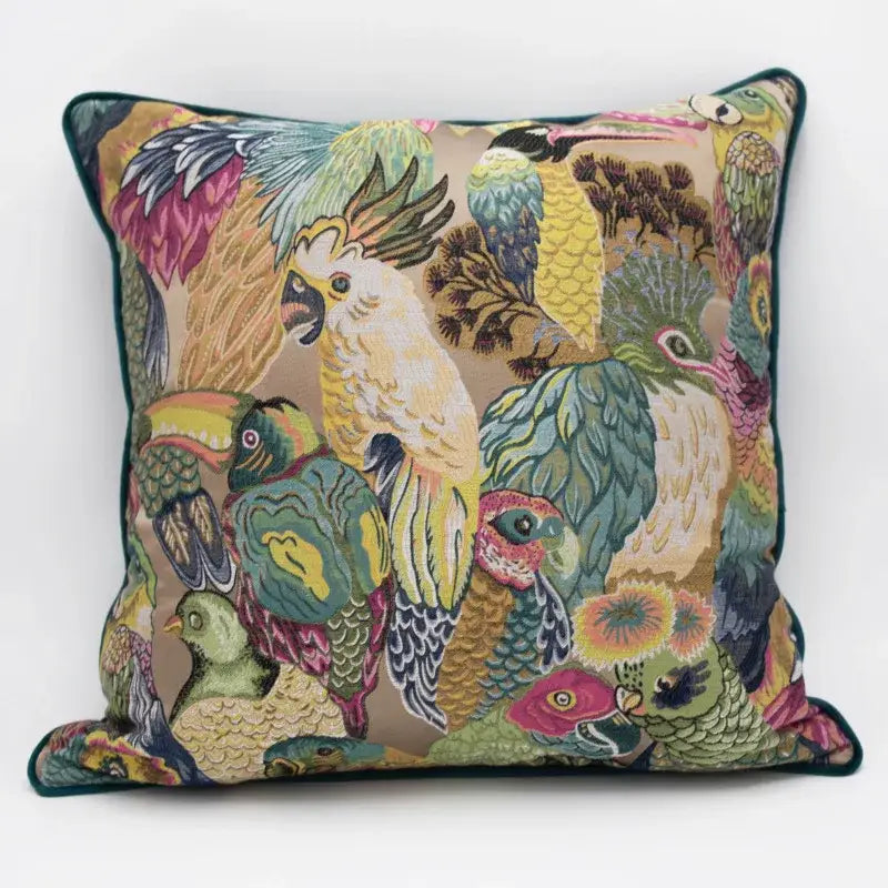 Teal and gold tropical zebra jacquard sofa pillowcase set with colorful embroidered birds on beige decorbites jacquard sofa