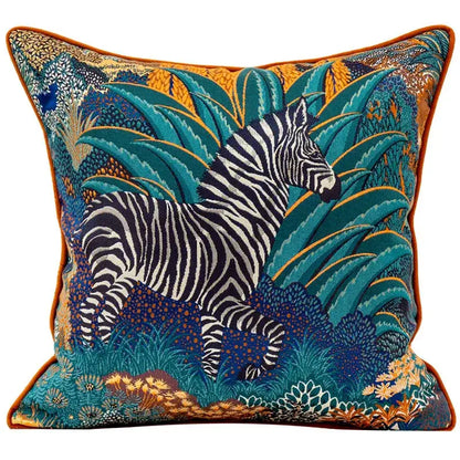 Teal and gold jacquard sofa pillowcase set featuring detailed embroidered zebra and tropical foliage decorbites jacquard sofa