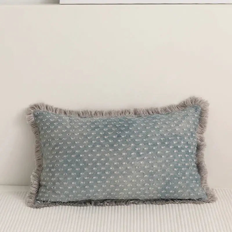Teal and gray denim fringed cushion cover with light blue fabric white dot pattern and soft gray fringe for decorbites decorbites denim fringed cushion