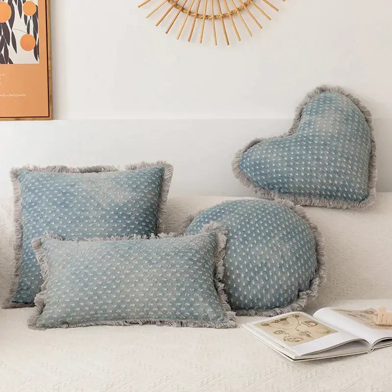 Set of three teal and gray denim fringed cushion covers in light blue with white polka dots for living room decorbites decor