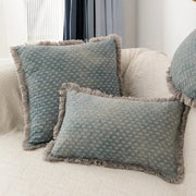 Soft teal cushion cover with textured dotted fabric and frayed gray edges decorbites denim fringed cushion for living room decor
