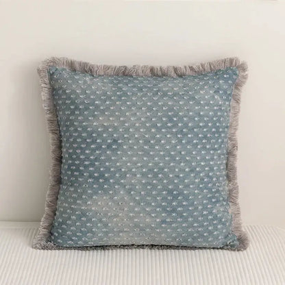Teal and gray denim fringed cushion cover with soft blue fabric and white floral embroidery for living room decorbites decor