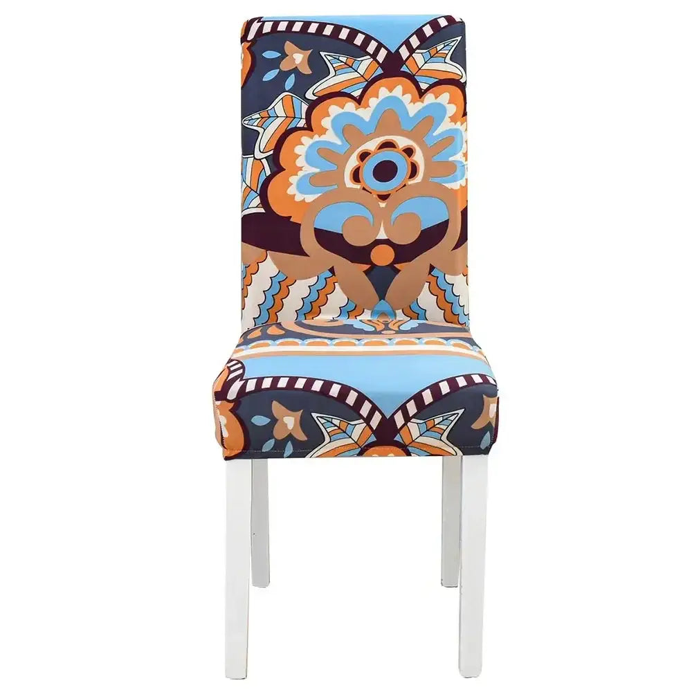 A vibrant stretch chair cover with bold blue orange brown floral pattern on navy base by decorbites geometric stretch