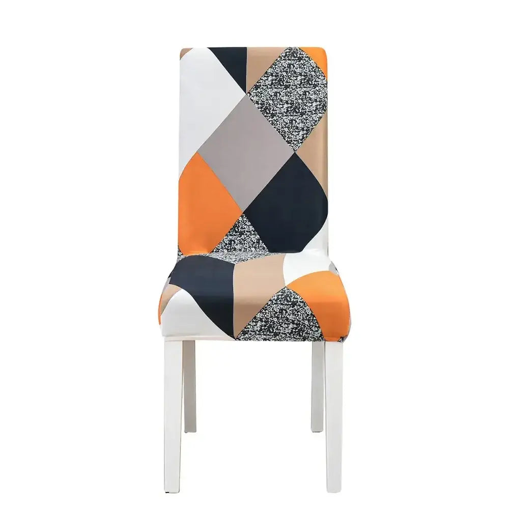 A modern dining stretch chair cover with vibrant orange black white gray and beige geometric decorbites geometric stretch fabric