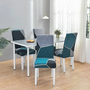 Teal and gray geometric stretch chair cover with white stitching for dining room decorbites geometric stretch slipcover