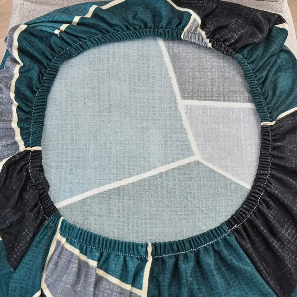 Teal and gray geometric stretch chair cover with cream trim elastic fabric for dining room decorbites geometric stretch
