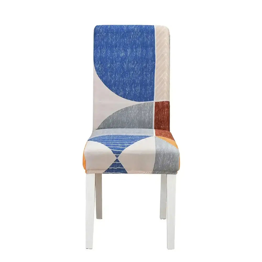 A modern dining stretch chair cover with teal and gray geometric patterns by decorbites geometric stretch slipcover