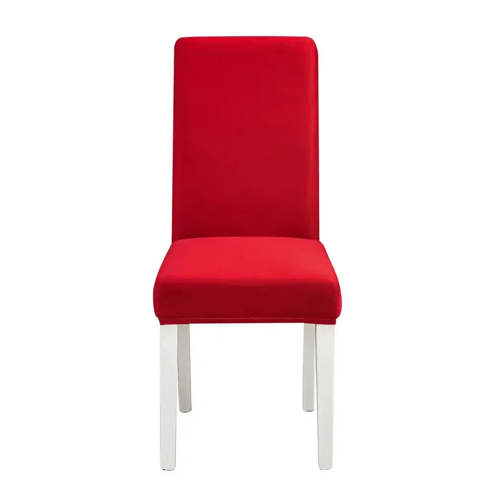 A vibrant red upholstered dining chair with sleek white legs featuring a decorbites geometric stretch chair cover