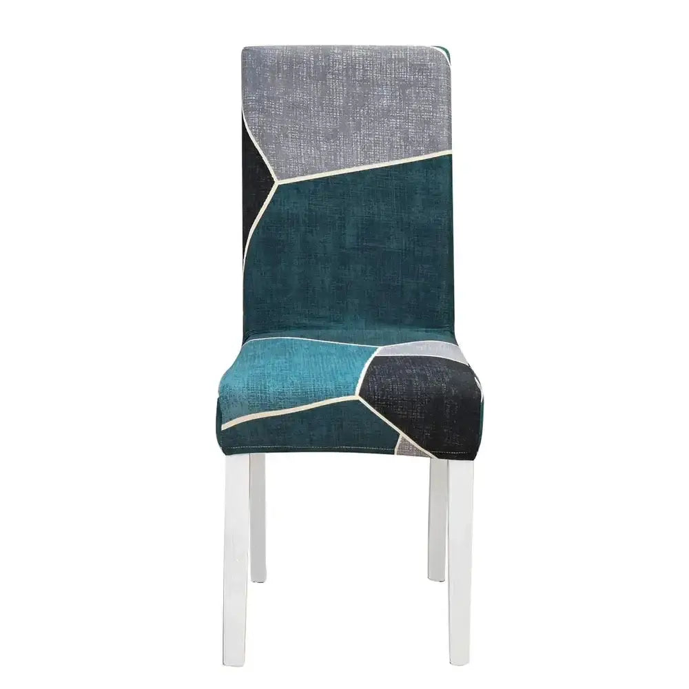 Teal and gray modern geometric stretch chair cover in fabric with white stitching accents for dining room decorbites geometric stretch